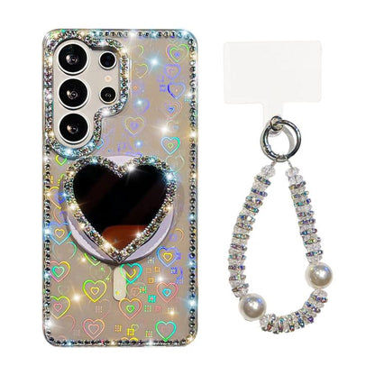 Sparkling IMD Heart-Shaped Mirror Magnetic Phone Case with Bracelet, For Samsung Galaxy S24+ 5G, For Samsung Galaxy S24 5G, For Samsung Galaxy S23 Ultra 5G