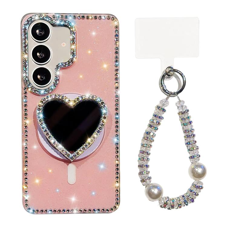 Sparkling IMD Heart-Shaped Mirror Magnetic Phone Case with Bracelet, For Samsung Galaxy S26+ 5G, For Samsung Galaxy S26 Ultra 5G, For Samsung Galaxy S26 5G, For Samsung Galaxy S25 5G, For Samsung Galaxy S25+ 5G, For Samsung Galaxy S25 Ultra 5G         ...