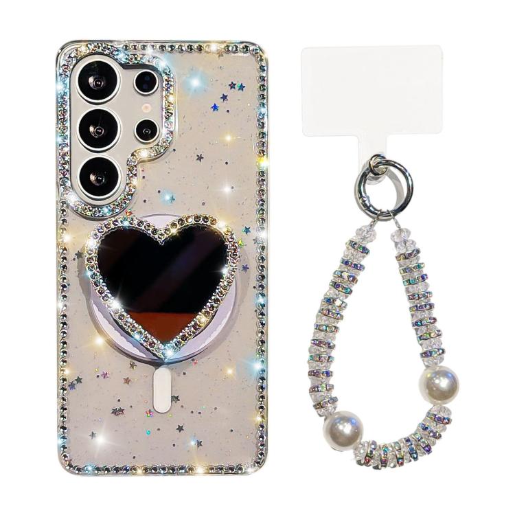 Sparkling IMD Heart-Shaped Mirror Magnetic Phone Case with Bracelet, For Samsung Galaxy S26+ 5G, For Samsung Galaxy S26 Ultra 5G, For Samsung Galaxy S26 5G, For Samsung Galaxy S25 5G, For Samsung Galaxy S25+ 5G, For Samsung Galaxy S25 Ultra 5G         ...