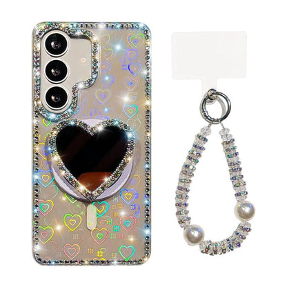Sparkling IMD Heart-Shaped Mirror Magnetic Phone Case with Bracelet, For Samsung Galaxy S26+ 5G, For Samsung Galaxy S26 Ultra 5G, For Samsung Galaxy S26 5G, For Samsung Galaxy S25 5G, For Samsung Galaxy S25+ 5G, For Samsung Galaxy S25 Ultra 5G         ...