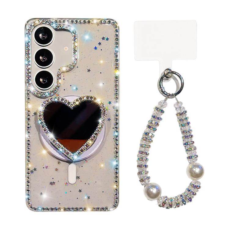 Sparkling IMD Heart-Shaped Mirror Magnetic Phone Case with Bracelet, For Samsung Galaxy S26+ 5G, For Samsung Galaxy S26 Ultra 5G, For Samsung Galaxy S26 5G, For Samsung Galaxy S25 5G, For Samsung Galaxy S25+ 5G, For Samsung Galaxy S25 Ultra 5G         ...
