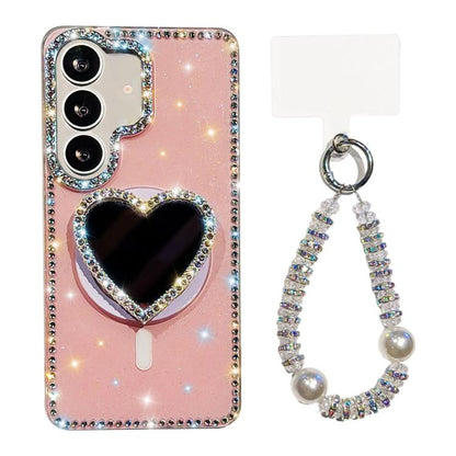Sparkling IMD Heart-Shaped Mirror Magnetic Phone Case with Bracelet, For Samsung Galaxy S26+ 5G, For Samsung Galaxy S26 Ultra 5G, For Samsung Galaxy S26 5G, For Samsung Galaxy S25 5G, For Samsung Galaxy S25+ 5G, For Samsung Galaxy S25 Ultra 5G         ...