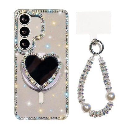 Sparkling IMD Heart-Shaped Mirror Magnetic Phone Case with Bracelet, For Samsung Galaxy S26+ 5G, For Samsung Galaxy S26 Ultra 5G, For Samsung Galaxy S26 5G, For Samsung Galaxy S25 5G, For Samsung Galaxy S25+ 5G, For Samsung Galaxy S25 Ultra 5G         ...