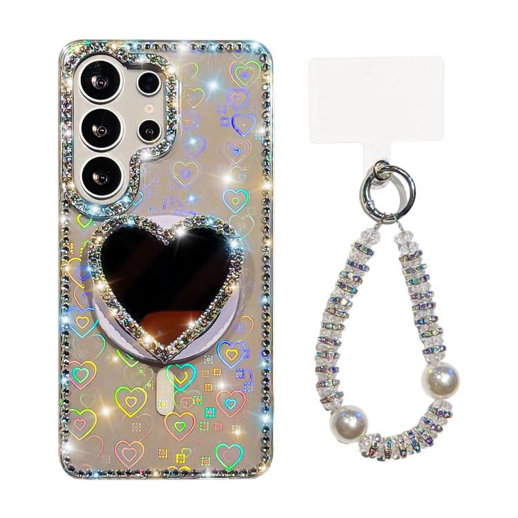 Sparkling IMD Heart-Shaped Mirror Magnetic Phone Case with Bracelet, For Samsung Galaxy S26+ 5G, For Samsung Galaxy S26 Ultra 5G, For Samsung Galaxy S26 5G, For Samsung Galaxy S25 5G, For Samsung Galaxy S25+ 5G, For Samsung Galaxy S25 Ultra 5G         ...