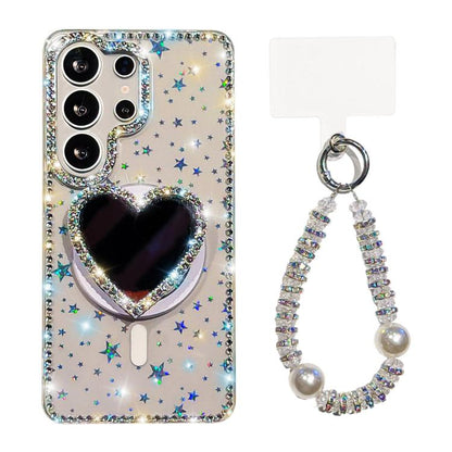 Sparkling IMD Heart-Shaped Mirror Magnetic Phone Case with Bracelet, For Samsung Galaxy S26+ 5G, For Samsung Galaxy S26 Ultra 5G, For Samsung Galaxy S26 5G, For Samsung Galaxy S25 5G, For Samsung Galaxy S25+ 5G, For Samsung Galaxy S25 Ultra 5G         ...