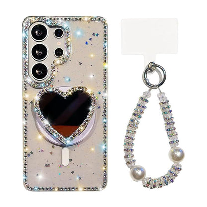 Sparkling IMD Heart-Shaped Mirror Magnetic Phone Case with Bracelet, For Samsung Galaxy S26+ 5G, For Samsung Galaxy S26 Ultra 5G, For Samsung Galaxy S26 5G, For Samsung Galaxy S25 5G, For Samsung Galaxy S25+ 5G, For Samsung Galaxy S25 Ultra 5G         ...