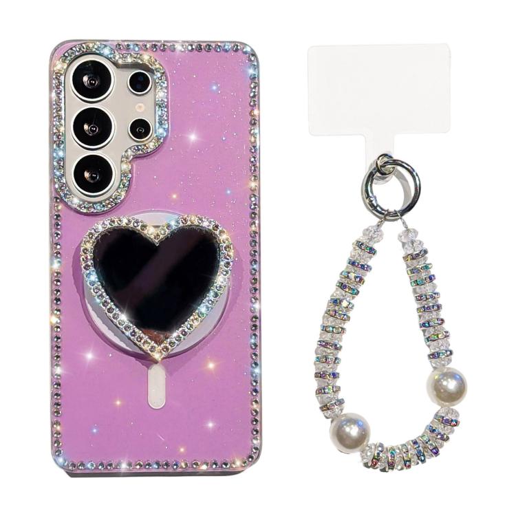 Sparkling IMD Heart-Shaped Mirror Magnetic Phone Case with Bracelet, For Samsung Galaxy S26+ 5G, For Samsung Galaxy S26 Ultra 5G, For Samsung Galaxy S26 5G, For Samsung Galaxy S25 5G, For Samsung Galaxy S25+ 5G, For Samsung Galaxy S25 Ultra 5G         ...