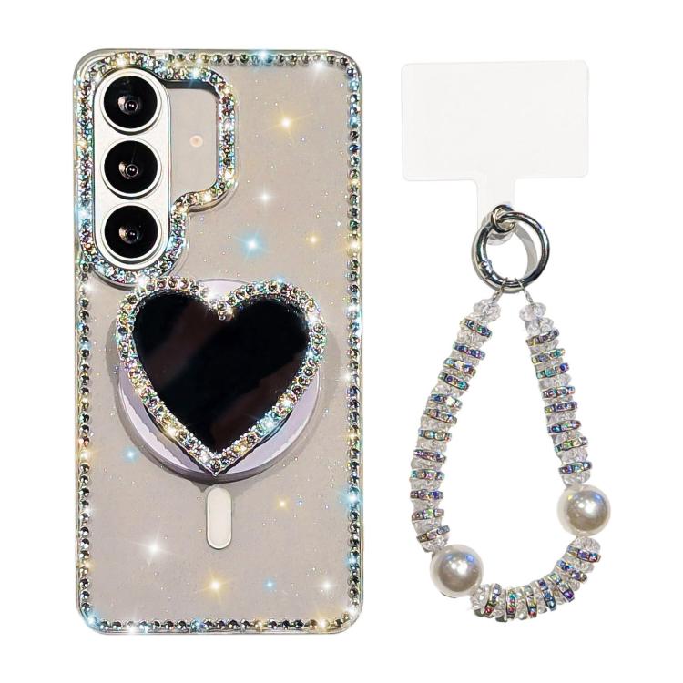 Sparkling IMD Heart-Shaped Mirror Magnetic Phone Case with Bracelet, For Samsung Galaxy S26+ 5G, For Samsung Galaxy S26 Ultra 5G, For Samsung Galaxy S26 5G, For Samsung Galaxy S25 5G, For Samsung Galaxy S25+ 5G, For Samsung Galaxy S25 Ultra 5G         ...