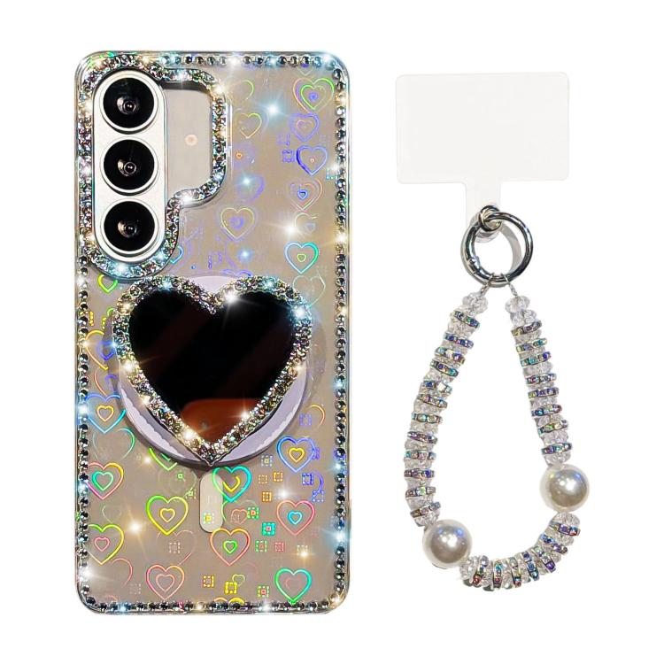 Sparkling IMD Heart-Shaped Mirror Magnetic Phone Case with Bracelet, For Samsung Galaxy S26+ 5G, For Samsung Galaxy S26 Ultra 5G, For Samsung Galaxy S26 5G, For Samsung Galaxy S25 5G, For Samsung Galaxy S25+ 5G, For Samsung Galaxy S25 Ultra 5G         ...