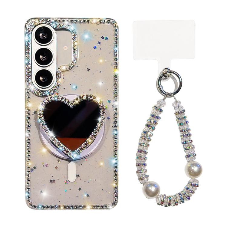 Sparkling IMD Heart-Shaped Mirror Magnetic Phone Case with Bracelet, For Samsung Galaxy S26+ 5G, For Samsung Galaxy S26 Ultra 5G, For Samsung Galaxy S26 5G, For Samsung Galaxy S25 5G, For Samsung Galaxy S25+ 5G, For Samsung Galaxy S25 Ultra 5G         ...