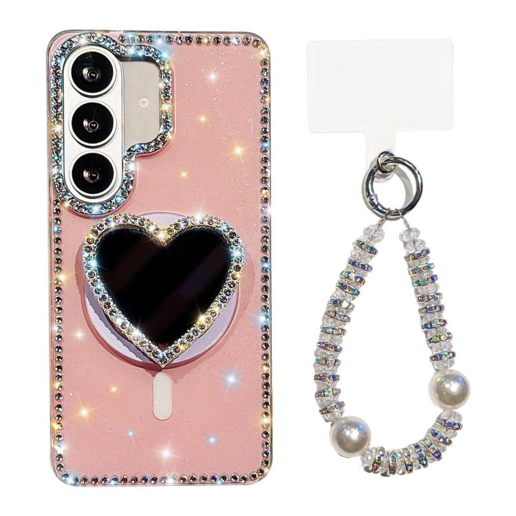 Sparkling IMD Heart-Shaped Mirror Magnetic Phone Case with Bracelet, For Samsung Galaxy S26+ 5G, For Samsung Galaxy S26 Ultra 5G, For Samsung Galaxy S26 5G, For Samsung Galaxy S25 5G, For Samsung Galaxy S25+ 5G, For Samsung Galaxy S25 Ultra 5G         ...