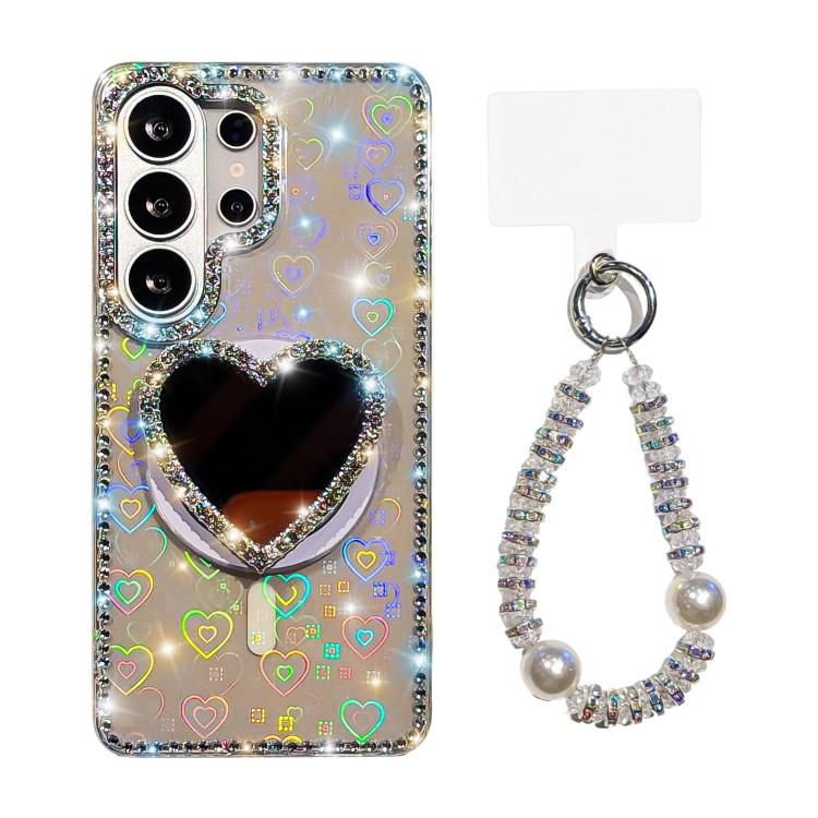 Sparkling IMD Heart-Shaped Mirror Magnetic Phone Case with Bracelet, For Samsung Galaxy S26+ 5G, For Samsung Galaxy S26 Ultra 5G, For Samsung Galaxy S26 5G, For Samsung Galaxy S25 5G, For Samsung Galaxy S25+ 5G, For Samsung Galaxy S25 Ultra 5G         ...