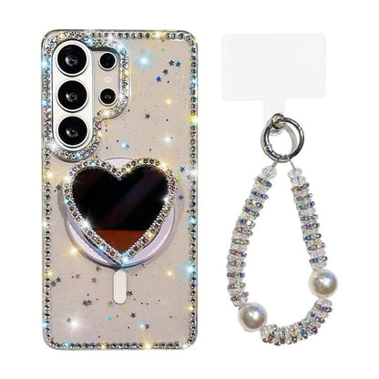 Sparkling IMD Heart-Shaped Mirror Magnetic Phone Case with Bracelet, For Samsung Galaxy S26+ 5G, For Samsung Galaxy S26 Ultra 5G, For Samsung Galaxy S26 5G, For Samsung Galaxy S25 5G, For Samsung Galaxy S25+ 5G, For Samsung Galaxy S25 Ultra 5G         ...