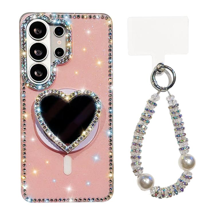 Sparkling IMD Heart-Shaped Mirror Magnetic Phone Case with Bracelet, For Samsung Galaxy S26+ 5G, For Samsung Galaxy S26 Ultra 5G, For Samsung Galaxy S26 5G, For Samsung Galaxy S25 5G, For Samsung Galaxy S25+ 5G, For Samsung Galaxy S25 Ultra 5G         ...