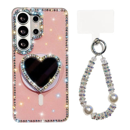 Sparkling IMD Heart-Shaped Mirror Magnetic Phone Case with Bracelet, For Samsung Galaxy S26+ 5G, For Samsung Galaxy S26 Ultra 5G, For Samsung Galaxy S26 5G, For Samsung Galaxy S25 5G, For Samsung Galaxy S25+ 5G, For Samsung Galaxy S25 Ultra 5G         ...