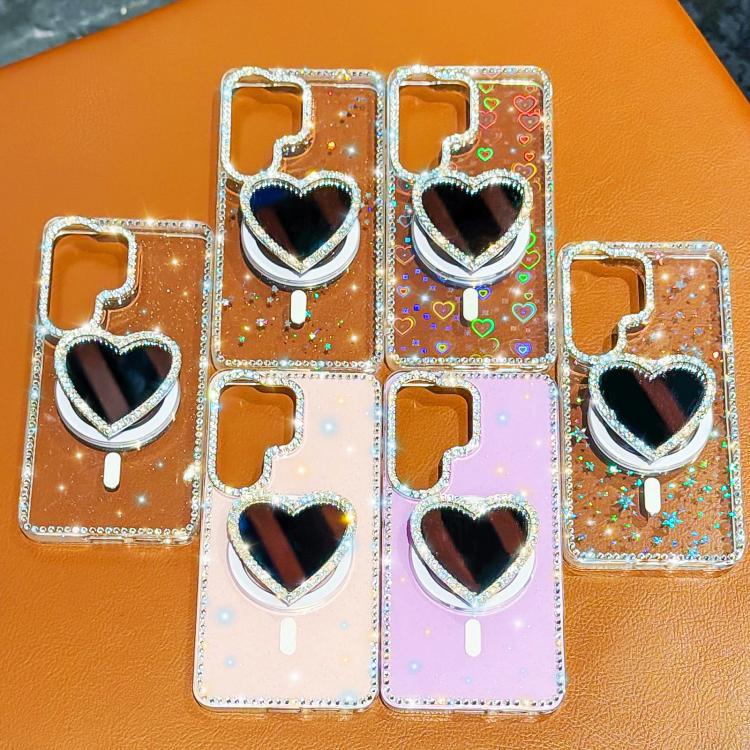 Sparkling IMD Heart-Shaped Mirror Magnetic Phone Case with Bracelet, For Samsung Galaxy S26+ 5G, For Samsung Galaxy S26 Ultra 5G, For Samsung Galaxy S26 5G, For Samsung Galaxy S25 5G, For Samsung Galaxy S25+ 5G, For Samsung Galaxy S25 Ultra 5G         ...