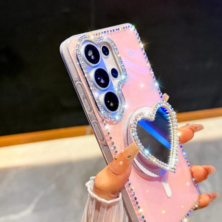 Sparkling IMD Heart-Shaped Mirror Magnetic Phone Case with Bracelet, For Samsung Galaxy S24+ 5G, For Samsung Galaxy S24 5G, For Samsung Galaxy S23 Ultra 5G