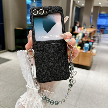 Dual Side Metal Hooks Lace Embossed Phone Case with Wrist Strap, For Samsung Galaxy Z Flip6/7 FE, For Samsung Galaxy Z Flip7 5G, For Samsung Galaxy Z Flip5