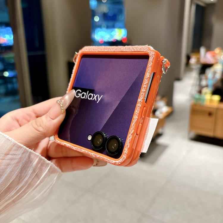 Dual Side Metal Hooks Lace Embossed Phone Case with Wrist Strap, For Samsung Galaxy Z Flip6/7 FE, For Samsung Galaxy Z Flip7 5G, For Samsung Galaxy Z Flip5