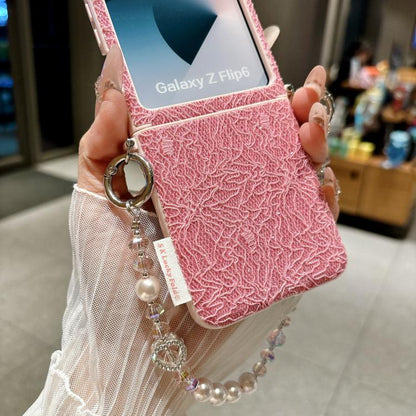 Dual Side Metal Hooks Lace Embossed Phone Case with Wrist Strap, For Samsung Galaxy Z Flip6/7 FE, For Samsung Galaxy Z Flip7 5G, For Samsung Galaxy Z Flip5