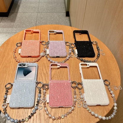 Dual Side Metal Hooks Lace Embossed Phone Case with Wrist Strap, For Samsung Galaxy Z Flip6/7 FE, For Samsung Galaxy Z Flip7 5G, For Samsung Galaxy Z Flip5