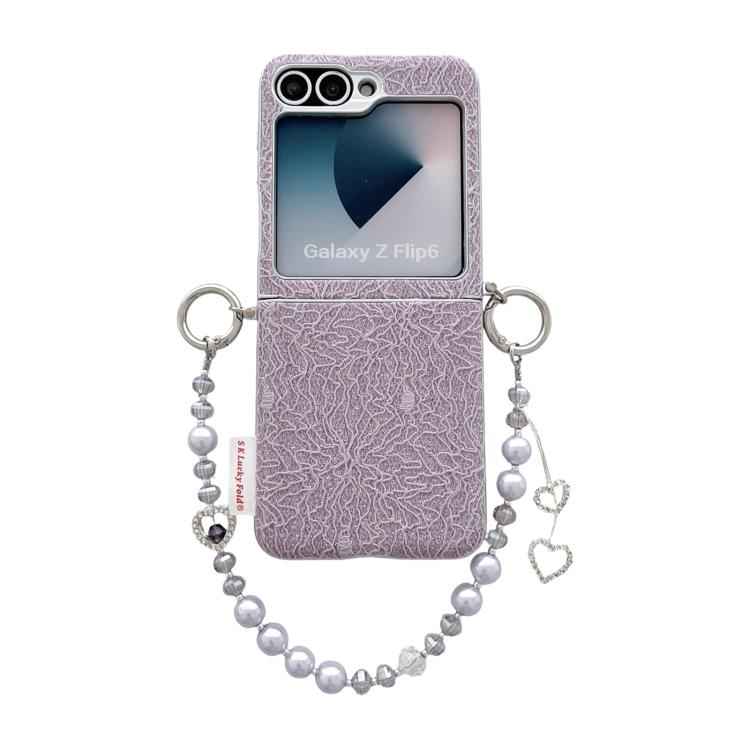 Dual Side Metal Hooks Lace Embossed Phone Case with Wrist Strap, For Samsung Galaxy Z Flip6/7 FE, For Samsung Galaxy Z Flip7 5G, For Samsung Galaxy Z Flip5