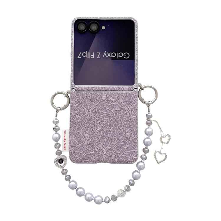 Dual Side Metal Hooks Lace Embossed Phone Case with Wrist Strap, For Samsung Galaxy Z Flip6/7 FE, For Samsung Galaxy Z Flip7 5G, For Samsung Galaxy Z Flip5