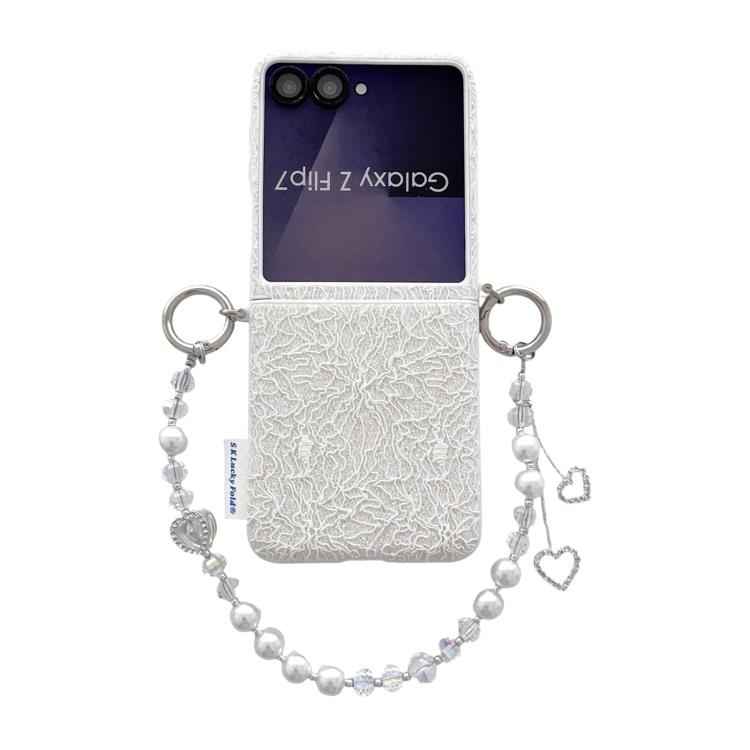 Dual Side Metal Hooks Lace Embossed Phone Case with Wrist Strap, For Samsung Galaxy Z Flip6/7 FE, For Samsung Galaxy Z Flip7 5G, For Samsung Galaxy Z Flip5