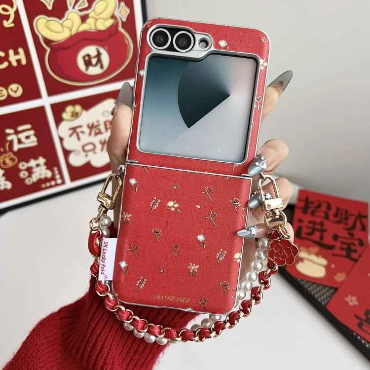 Silver Frame Gilded Mini Floral Pattern Phone Case with Wrist Strap, For Samsung Galaxy Z Flip6/7 FE, For Samsung Galaxy Z Flip7 5G, For Samsung Galaxy Z Flip5