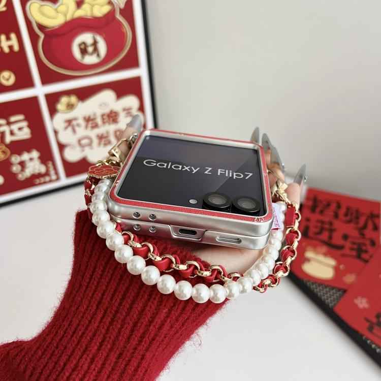 Silver Frame Gilded Mini Floral Pattern Phone Case with Wrist Strap, For Samsung Galaxy Z Flip6/7 FE, For Samsung Galaxy Z Flip7 5G, For Samsung Galaxy Z Flip5