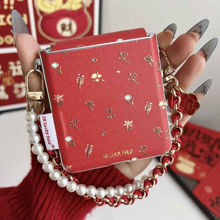 Silver Frame Gilded Mini Floral Pattern Phone Case with Wrist Strap, For Samsung Galaxy Z Flip6/7 FE, For Samsung Galaxy Z Flip7 5G, For Samsung Galaxy Z Flip5
