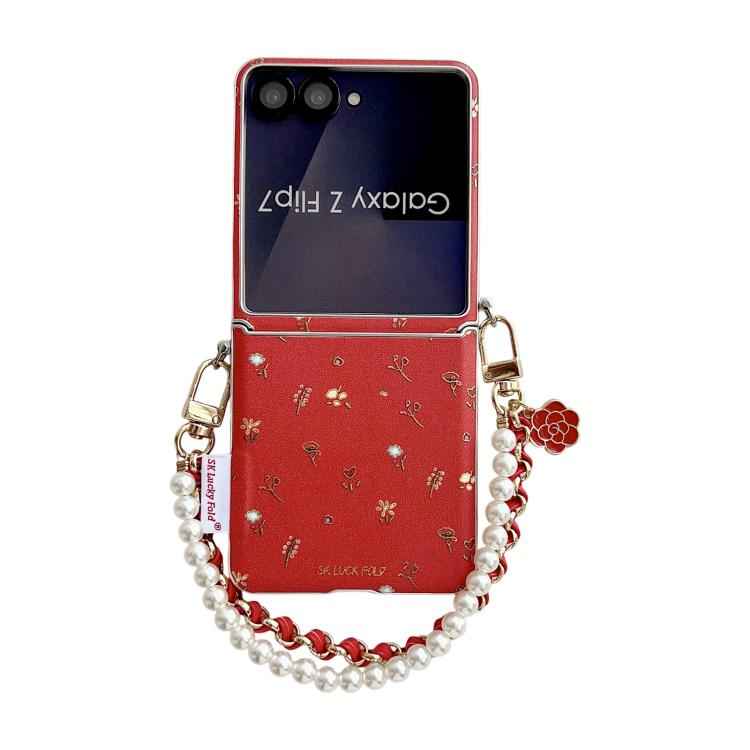 Silver Frame Gilded Mini Floral Pattern Phone Case with Wrist Strap, For Samsung Galaxy Z Flip6/7 FE, For Samsung Galaxy Z Flip7 5G, For Samsung Galaxy Z Flip5