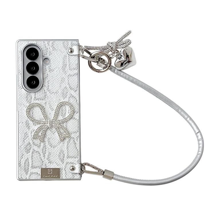 Scale Texture Bow Phone Case with Wrist Strap / Nameplate, For Samsung Galaxy Z Flip6/7 FE, For Samsung Galaxy Z Fold7 5G, For Samsung Galaxy Z Flip7 5G, For Samsung Galaxy Z Fold6, For Samsung Galaxy Z Fold5, For Samsung Galaxy Z Flip5