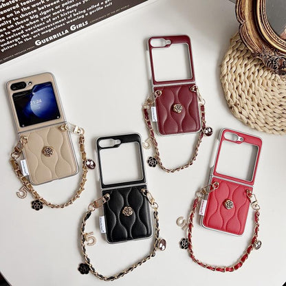 Puffer Jacket 3D Camellia Pattern Phone Case with Wrist Strap, For Samsung Galaxy Z Flip6/7 FE, For Samsung Galaxy Z Fold7 5G, For Samsung Galaxy Z Flip7 5G, For Samsung Galaxy Z Flip5