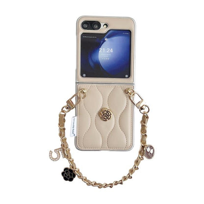Puffer Jacket 3D Camellia Pattern Phone Case with Wrist Strap, For Samsung Galaxy Z Flip6/7 FE, For Samsung Galaxy Z Fold7 5G, For Samsung Galaxy Z Flip7 5G, For Samsung Galaxy Z Flip5