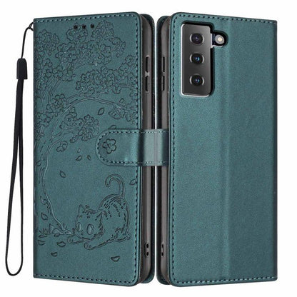 Tree Cat Embossed Flip Vegan Leather Phone Case, For Samsung Galaxy S22+ 5G, For Samsung Galaxy S22 5G, For Samsung Galaxy S21 FE 5G, For Samsung Galaxy S21 5G, For Samsung Galaxy S21+ 5G, For Samsung Galaxy S21 Ultra 5G