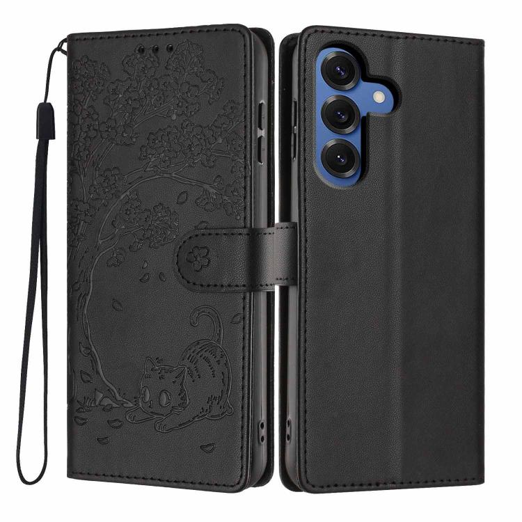 Tree Cat Embossed Flip Vegan Leather Phone Case, For Samsung Galaxy S26+ 5G, For Samsung Galaxy S26 Ultra 5G, For Samsung Galaxy S26 5G, For Samsung Galaxy S25 FE 5G, For Samsung Galaxy S25 Edge 5G, For Samsung Galaxy S25 5G