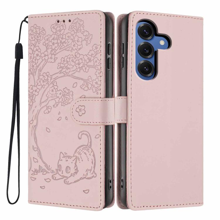 Tree Cat Embossed Flip Vegan Leather Phone Case, For Samsung Galaxy S26+ 5G, For Samsung Galaxy S26 Ultra 5G, For Samsung Galaxy S26 5G, For Samsung Galaxy S25 FE 5G, For Samsung Galaxy S25 Edge 5G, For Samsung Galaxy S25 5G