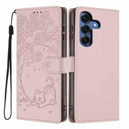 Tree Cat Embossed Flip Vegan Leather Phone Case, For Samsung Galaxy S26+ 5G, For Samsung Galaxy S26 Ultra 5G, For Samsung Galaxy S26 5G, For Samsung Galaxy S25 FE 5G, For Samsung Galaxy S25 Edge 5G, For Samsung Galaxy S25 5G