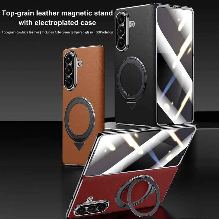 SULADA Rotating Magnetic Holder Shell Film Integrated Genuine Leather Phone Case, For Samsung Galaxy Z Fold7 5G