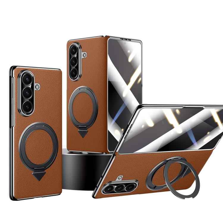 SULADA Rotating Magnetic Holder Shell Film Integrated Genuine Leather Phone Case, For Samsung Galaxy Z Fold7 5G