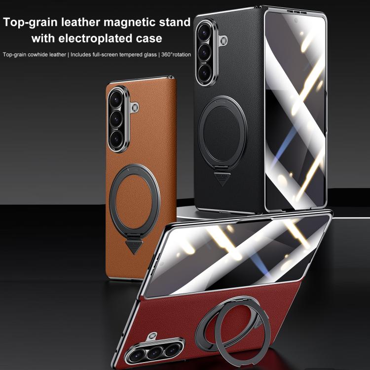 SULADA Rotating Magnetic Holder Shell Film Integrated Genuine Leather Phone Case, For Galaxy Z Fold8 Ultra 5G, For Galaxy Z Fold7 5G
