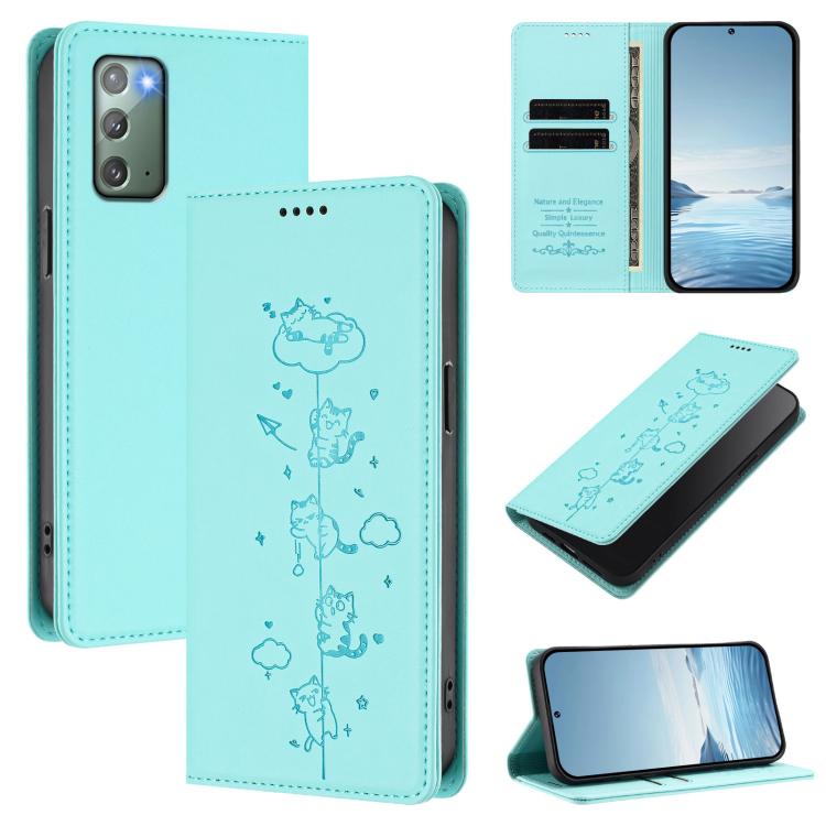 Cute Cats Embossed Magnetic RFID Vegan Leather Phone Case, For Samsung Galaxy Note20 Ultra, For Samsung Galaxy Note20, For Samsung Galaxy S20 Ultra, For Samsung Galaxy S20