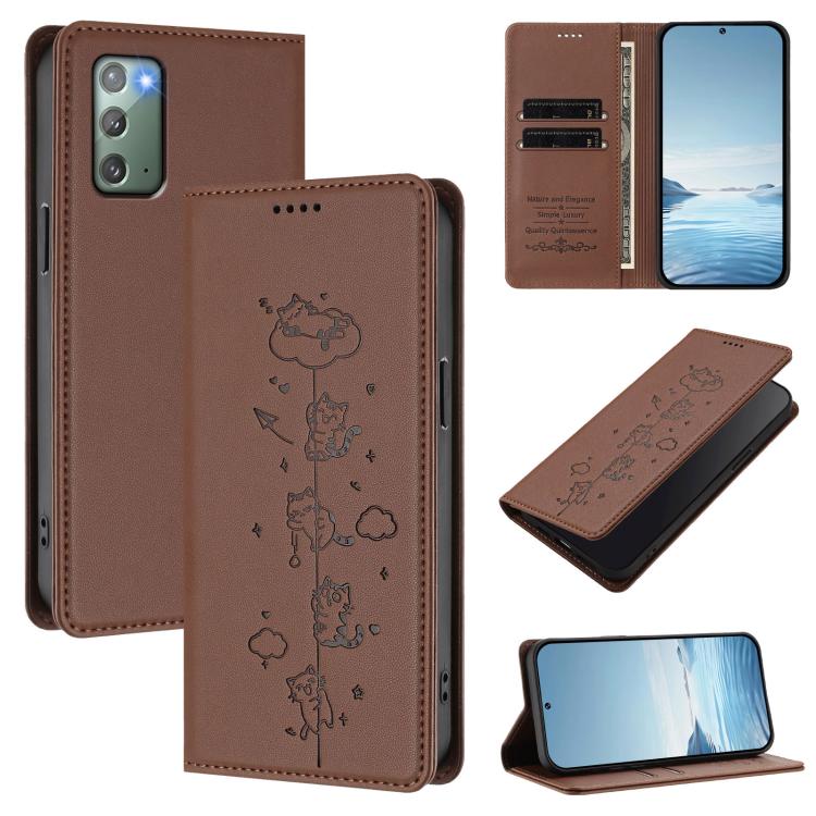 Cute Cats Embossed Magnetic RFID Vegan Leather Phone Case, For Samsung Galaxy Note20 Ultra, For Samsung Galaxy Note20, For Samsung Galaxy S20 Ultra, For Samsung Galaxy S20