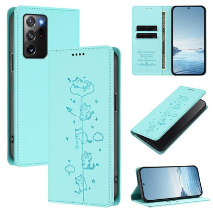 Cute Cats Embossed Magnetic RFID Vegan Leather Phone Case, For Samsung Galaxy Note20 Ultra, For Samsung Galaxy Note20, For Samsung Galaxy S20 Ultra, For Samsung Galaxy S20