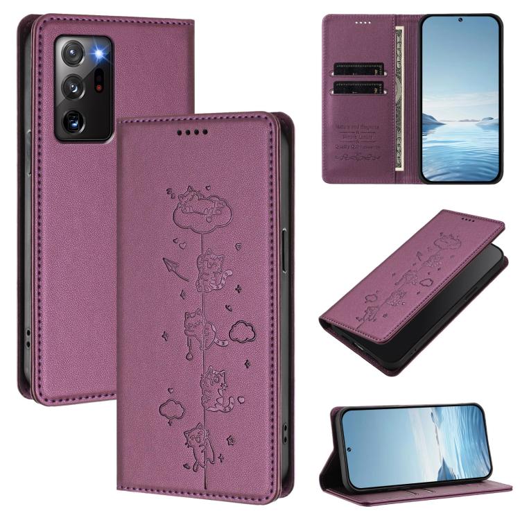 Cute Cats Embossed Magnetic RFID Vegan Leather Phone Case, For Samsung Galaxy Note20 Ultra, For Samsung Galaxy Note20, For Samsung Galaxy S20 Ultra, For Samsung Galaxy S20