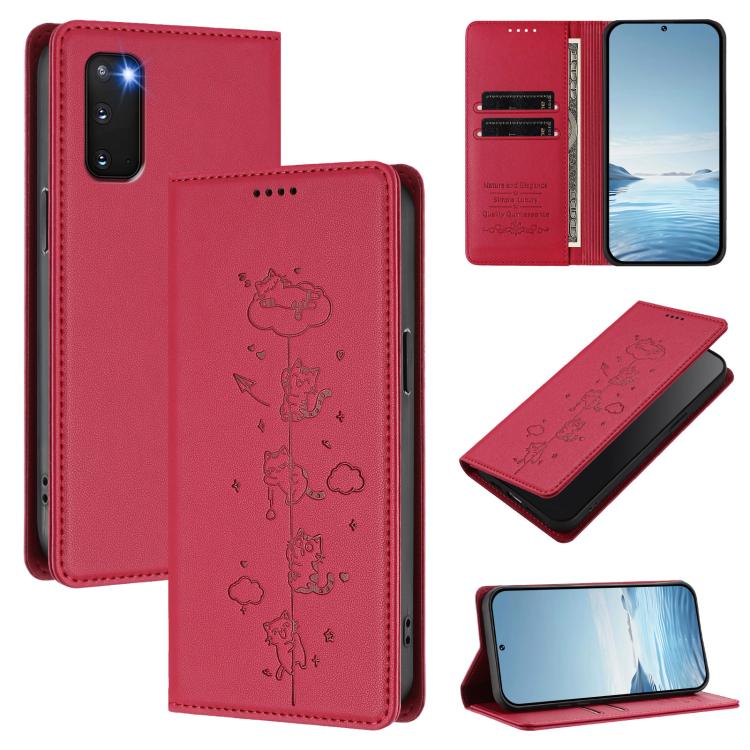 Cute Cats Embossed Magnetic RFID Vegan Leather Phone Case, For Samsung Galaxy Note20 Ultra, For Samsung Galaxy Note20, For Samsung Galaxy S20 Ultra, For Samsung Galaxy S20