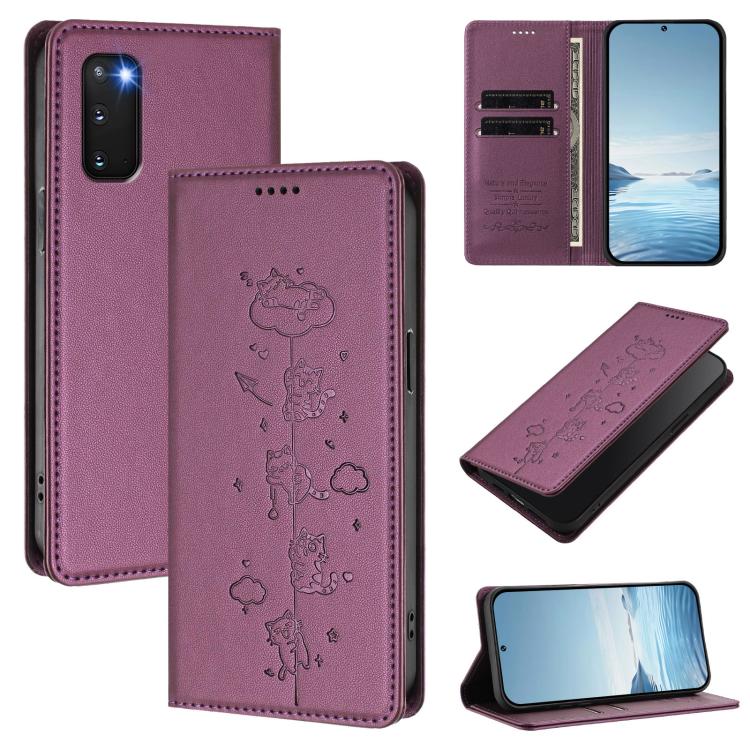 Cute Cats Embossed Magnetic RFID Vegan Leather Phone Case, For Samsung Galaxy Note20 Ultra, For Samsung Galaxy Note20, For Samsung Galaxy S20 Ultra, For Samsung Galaxy S20