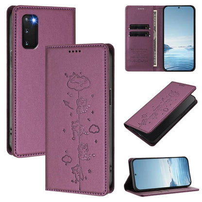 Cute Cats Embossed Magnetic RFID Vegan Leather Phone Case, For Samsung Galaxy Note20 Ultra, For Samsung Galaxy Note20, For Samsung Galaxy S20 Ultra, For Samsung Galaxy S20