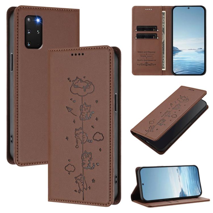 Cute Cats Embossed Magnetic RFID Vegan Leather Phone Case, For Samsung Galaxy S20+